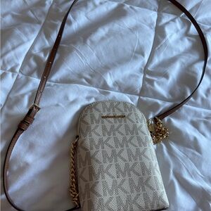 Michael Kors Cream Logo Crossbody with Brown Leather Strap and Gold Chain